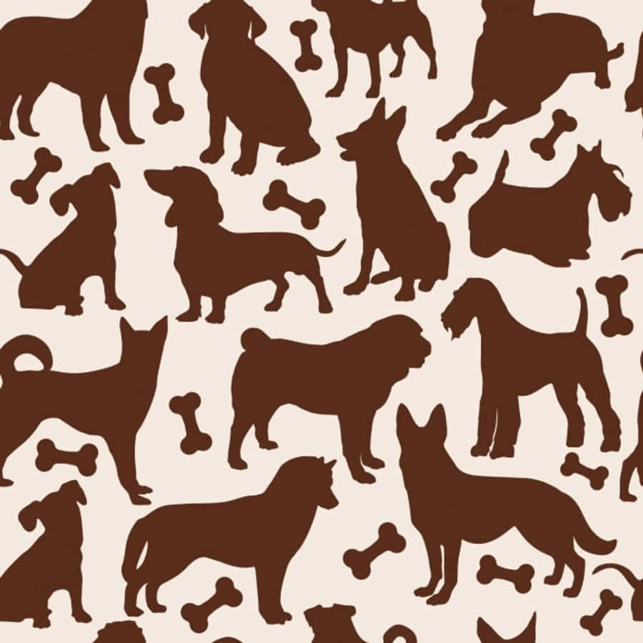 動物 桌布 壁紙 — 在米色背景上重複出現的棕色狗剪影和骨頭圖案。