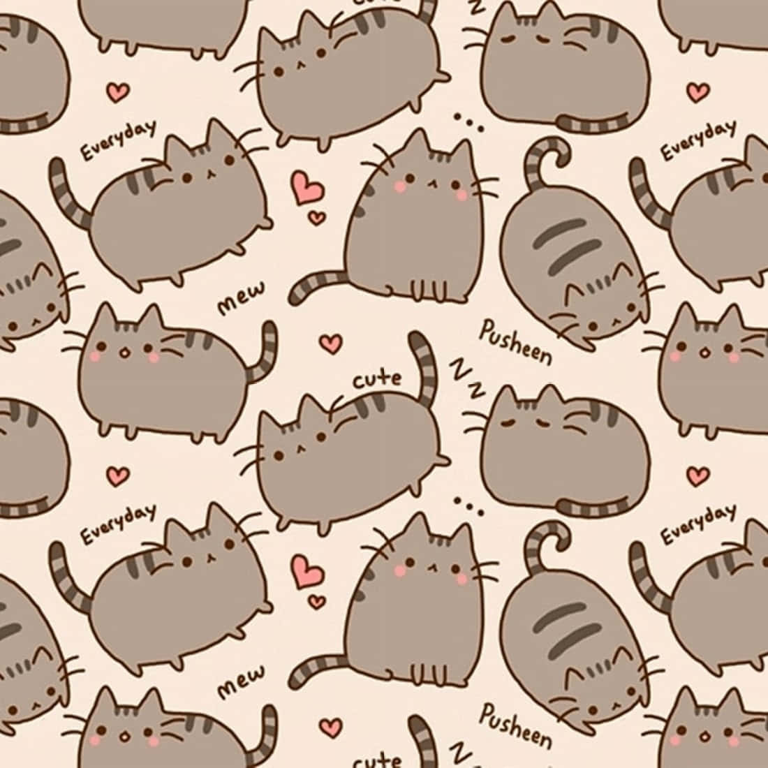 pusheen 動圖 桌布 壁紙 — 在米色背景上重複出現的胖嘟嘟灰色卡通貓圖案，帶有粉紅色臉頰和「mew」、「cute」等文字。