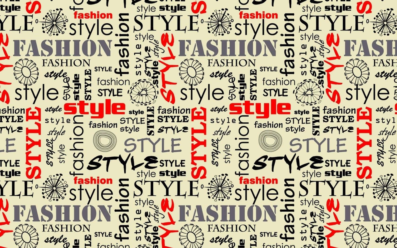 圖案 桌布 壁紙 — 在米色背景上重複出現粗體紅色和灰色的「style」和「fashion」文字以及圓形圖標的圖案。