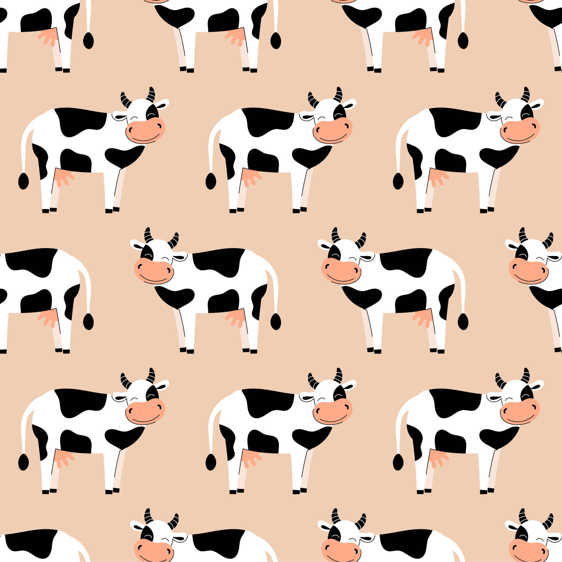 farm animals 桌布 壁紙 — 在米色背景上重複的可愛卡通牛圖案，帶有黑色斑點和粉紅色鼻子。