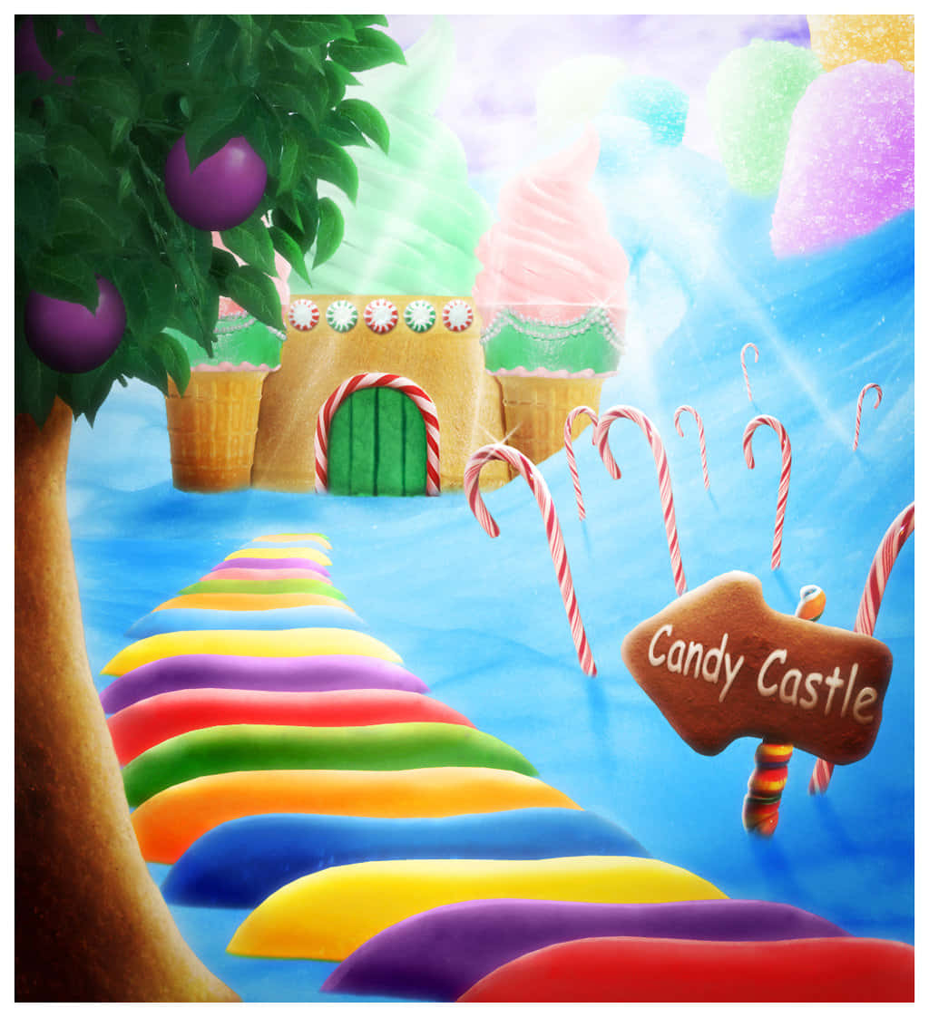 Candyland 桌布 壁紙 — 在粉彩天空下，一個奇思妙想的糖果城堡，有彩虹小徑和拐杖糖圍欄。