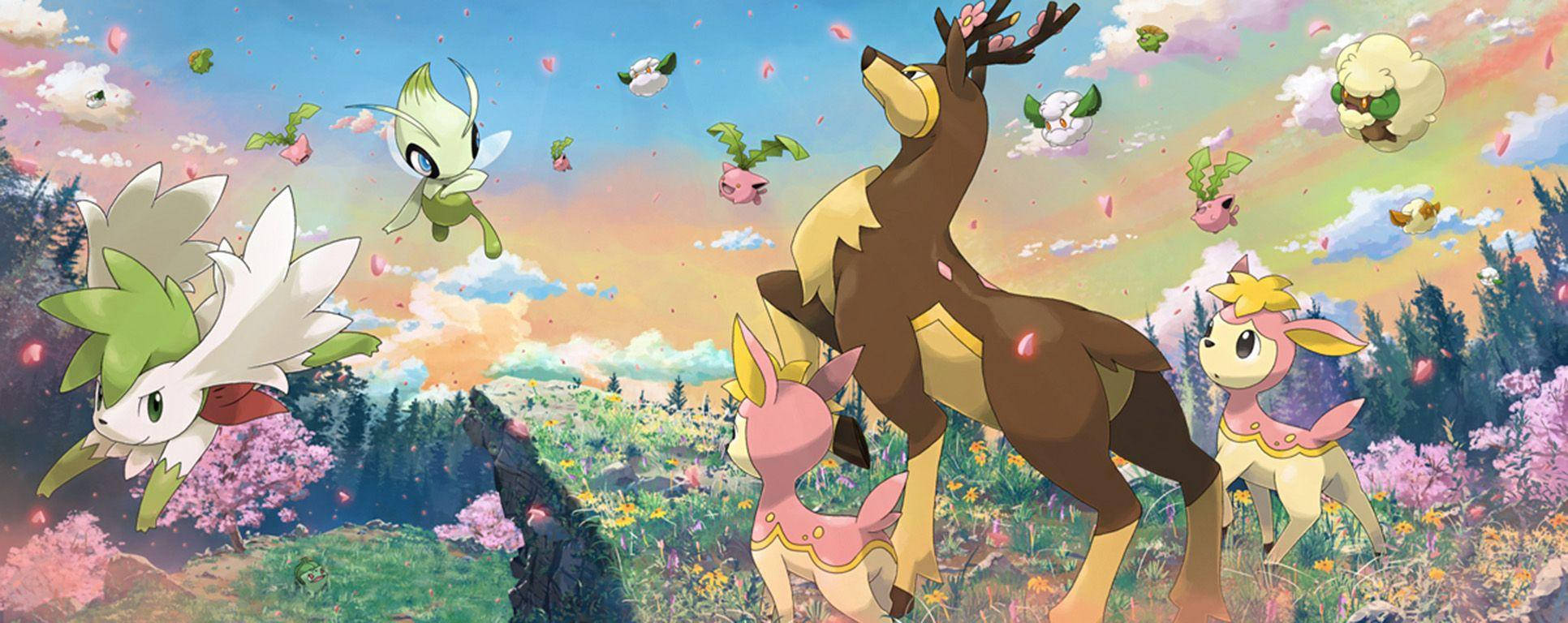 Shaymin 桌布 壁紙 — 在粉彩天空下，盛開的櫻花中，有鹿狀寶可夢和飛行生物的充滿活力的動漫場景。