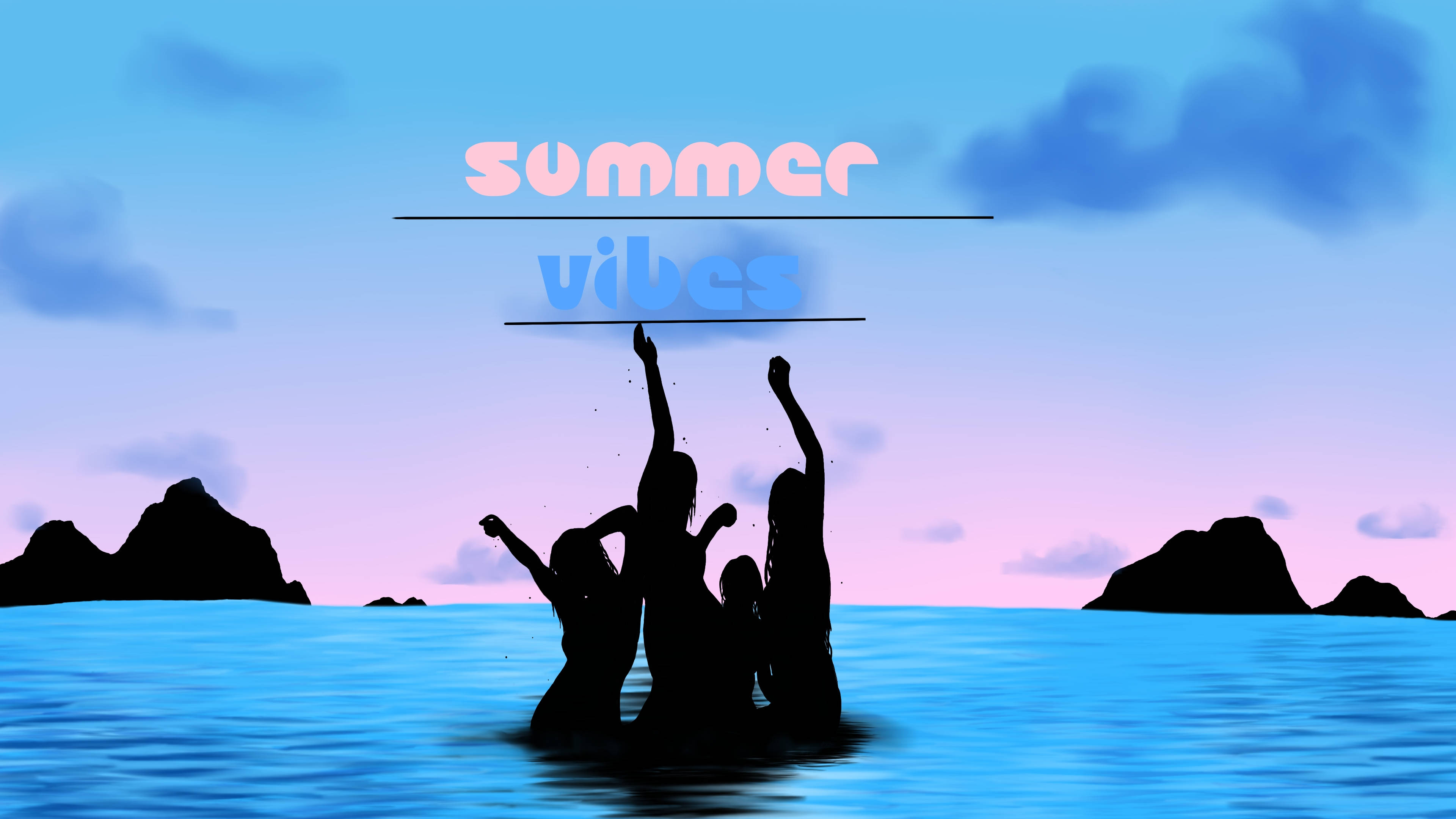 4K Summer 桌布 壁紙 — 在粉彩日落天空下，剪影朋友們在海水裡快樂地潑水，帶有「summer vibes」文字。