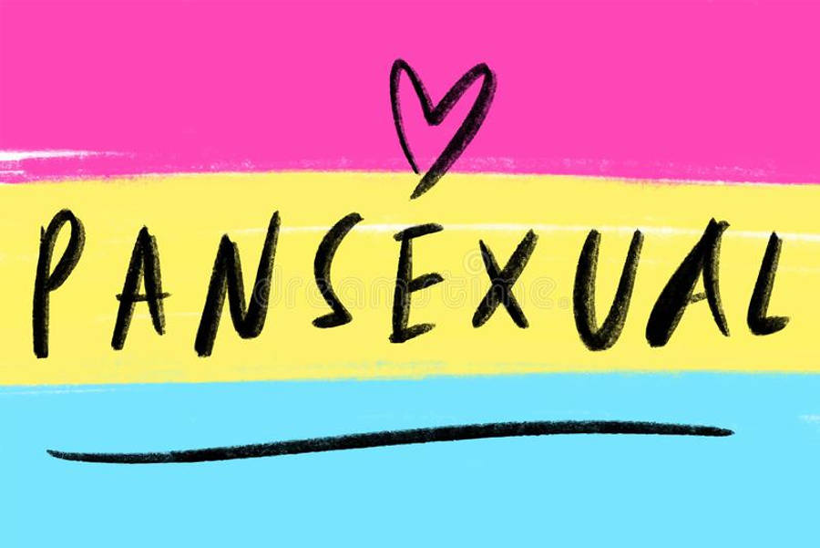 Pansexual 桌布 壁紙 — 在粉紅、黃、藍條紋背景上，以粗體黑色手寫字體寫成的「pansexual」一詞，上方有一顆心。