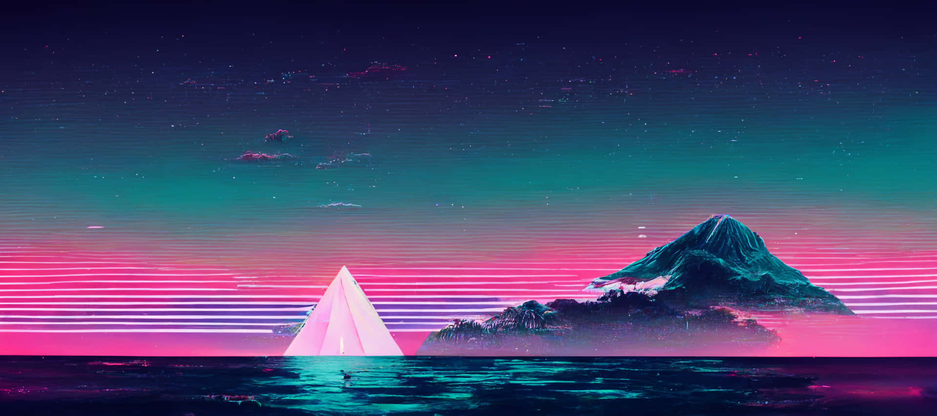 Vaporwave 桌布 壁紙 — 在粉紅和青綠漸變的星空下，一座發光的金字塔在霓虹水上航行。