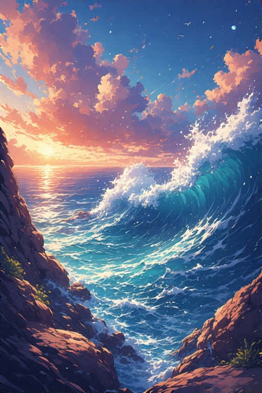 Stunning Sea Anime Realism Precisionist Art 壁紙 — 在粉紅色、橙色和藍色雲彩繪成的日落天空下，巨大的藍綠色海浪在崎嶇的懸崖之間撞擊。