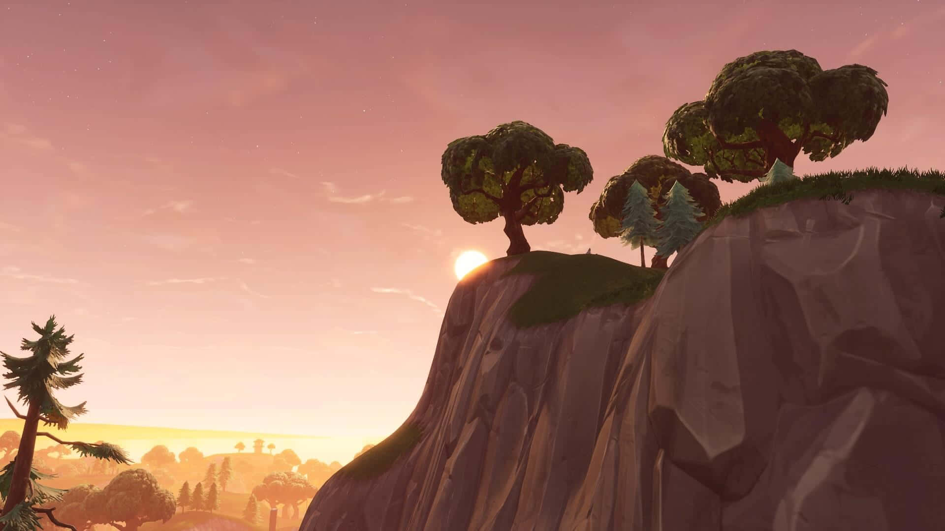 Fortnite Battle Royale 桌布 壁紙 — 在粉紅色和橙色的天空映襯下，岩石懸崖上風格化的樹木剪影，呈現寧靜的日落景色。