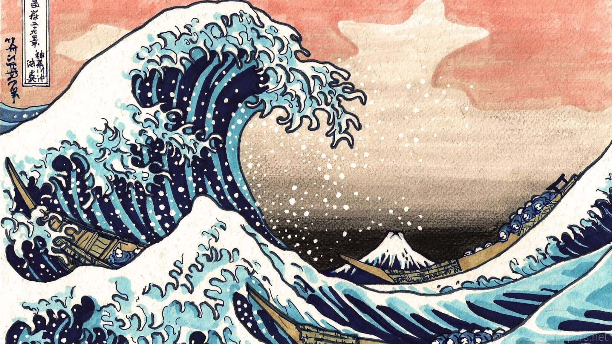 The Great Wave 桌布 壁紙 — 在粉紅色和米色的天空下，一道高聳的藍色巨浪衝向船隻，遠處可見富士山。