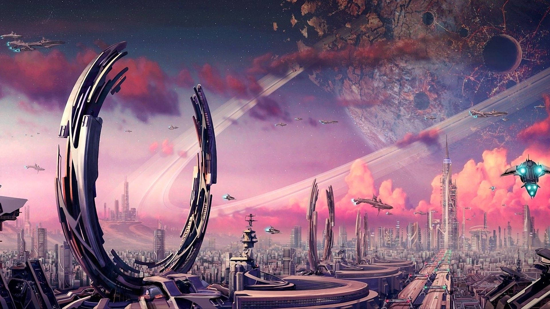 未來感 桌布 壁紙 — 在粉紅色和紫色的天空下，以宇宙為背景，未來主義的城市景觀，有飛船和巨大的環形結構。