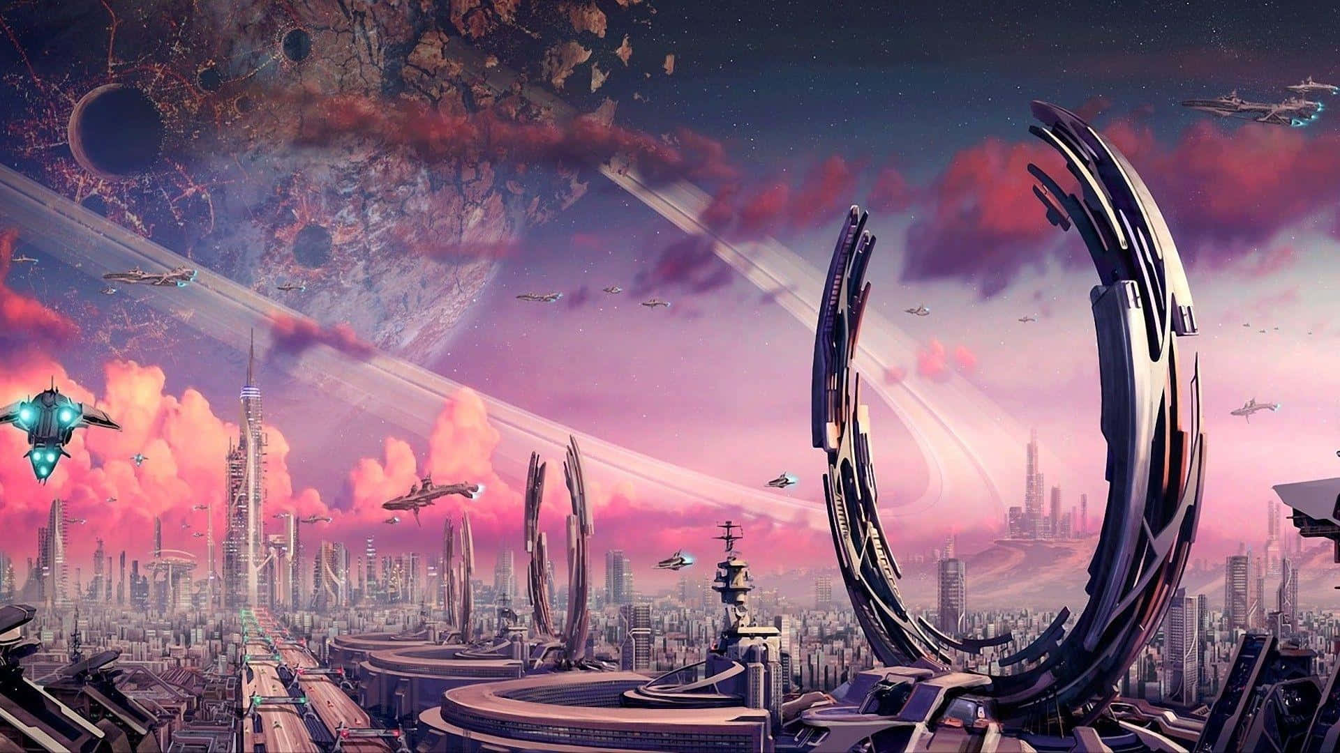 未來感 桌布 壁紙 — 在粉紅色和紫色的天空下，以宇宙為背景，呈現未來城市景觀，包括飛行船和巨大的環形結構。