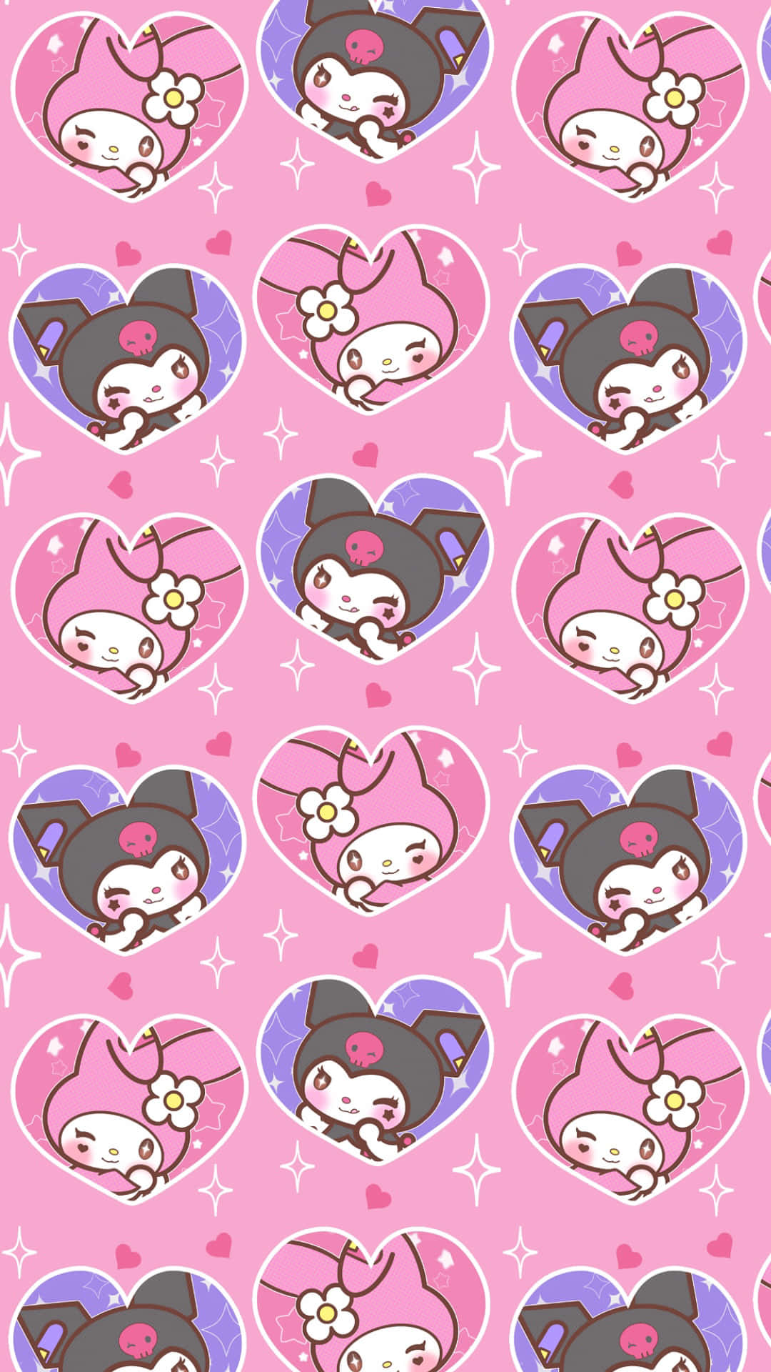 Kuromi Pattern 桌布 壁紙 — 在粉紅色心形中重複的可愛Kuromi角色圖案，背景為粉紅色粉彩並帶有閃光。