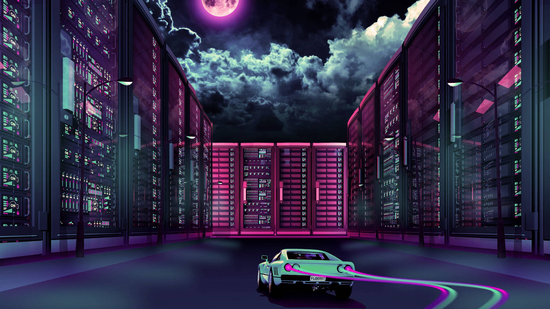 Vaporwave 桌布 壁紙 — 在粉紅色月亮下，一輛發光的綠色跑車在霓虹燈閃爍的未來城市街道上飛馳，掠過高聳的伺服器大樓。