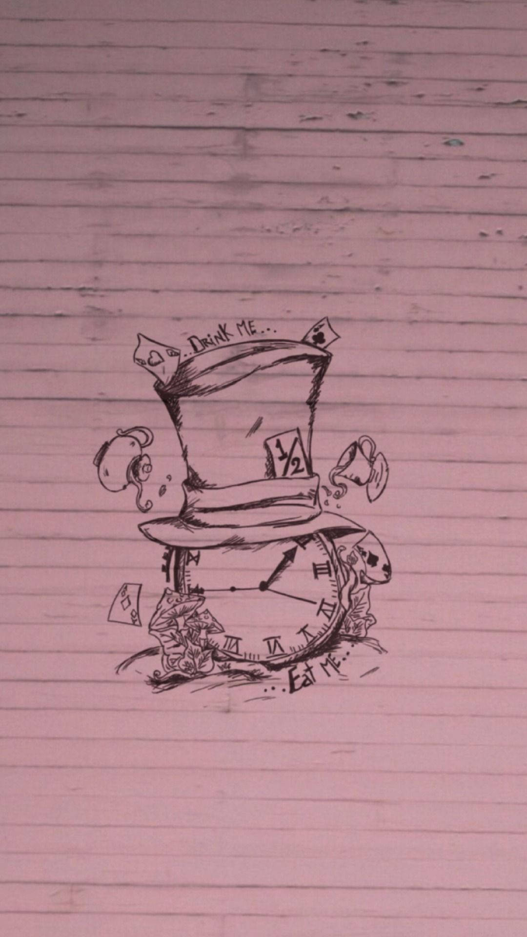 wonderland 桌布 壁紙 — 在粉紅色橫線筆記本紙上，一幅奇思妙想的墨水素描，描繪瘋帽匠的帽子和時鐘。