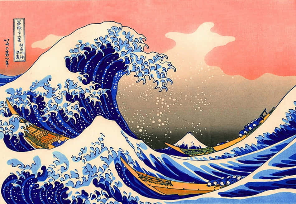 The Great Wave 桌布 壁紙 — 在粉紅色的天空下，一道高聳的藍色巨浪撲向小船，遠處有富士山。