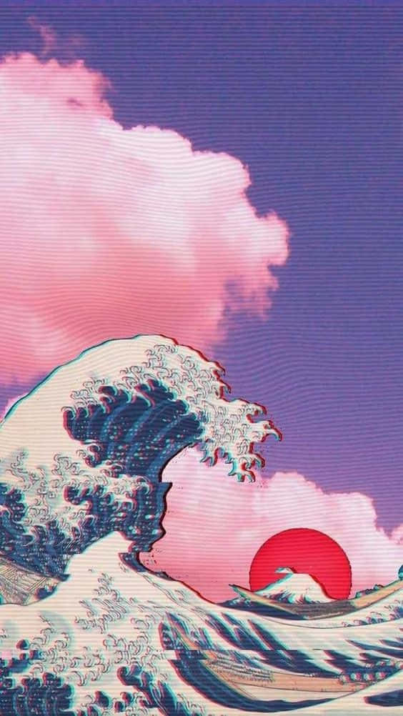 The Great Wave 桌布 壁紙 — 在粉紅色的雲和紫色的天空下，一座風格化的波浪聳立，紅色的太陽從富士山後升起。