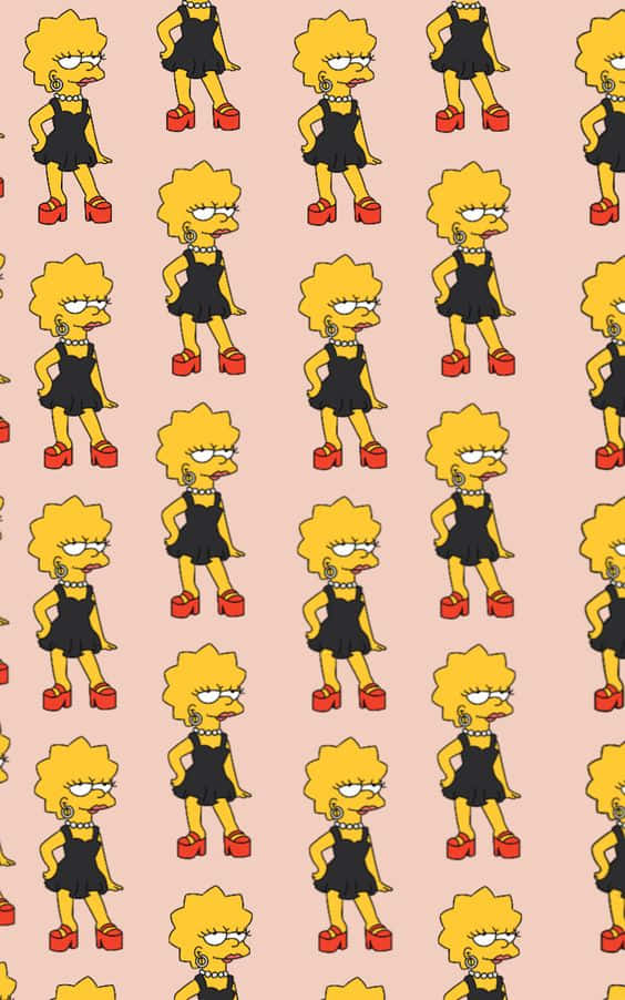 Simpsons Aesthetic 桌布 壁紙 — 在粉紅色背景上重複的黑色連衣裙和紅色高跟鞋的麗莎·辛普森圖案。