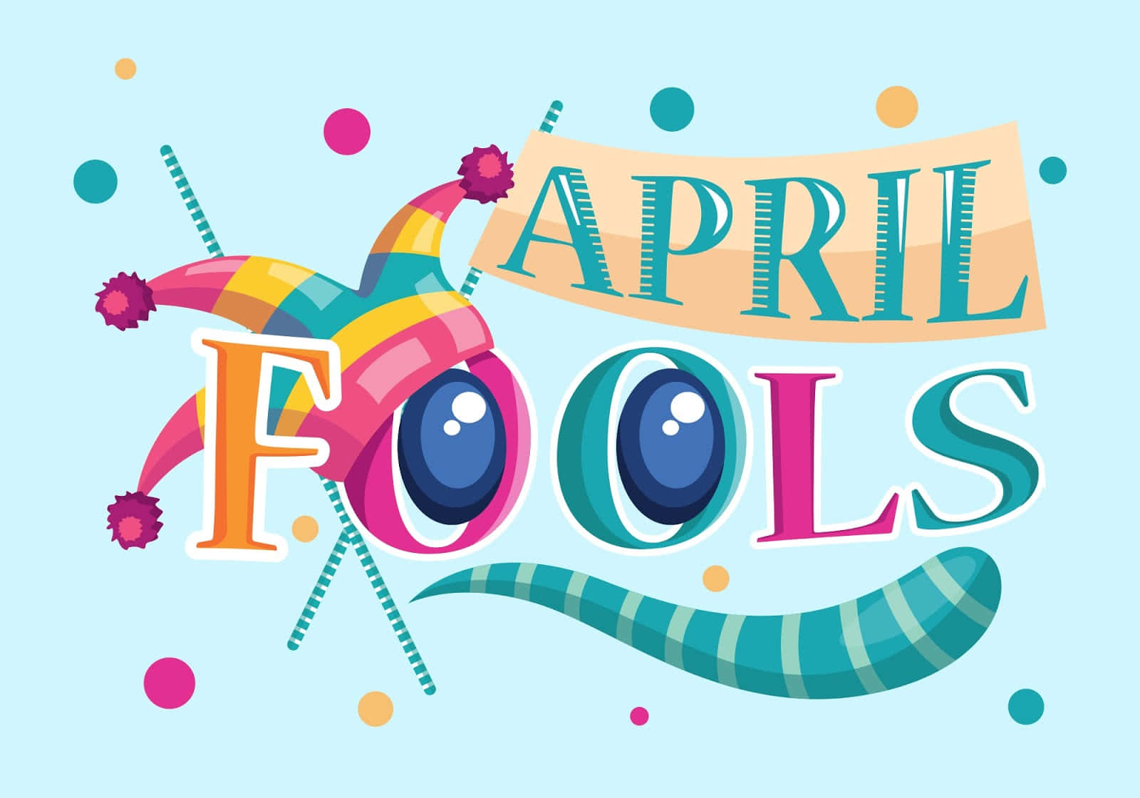 April Fools 桌布 壁紙 — 在粉藍色背景上，帶有卡通小丑帽眼睛和條紋舌頭的鮮豔愚人節文字。