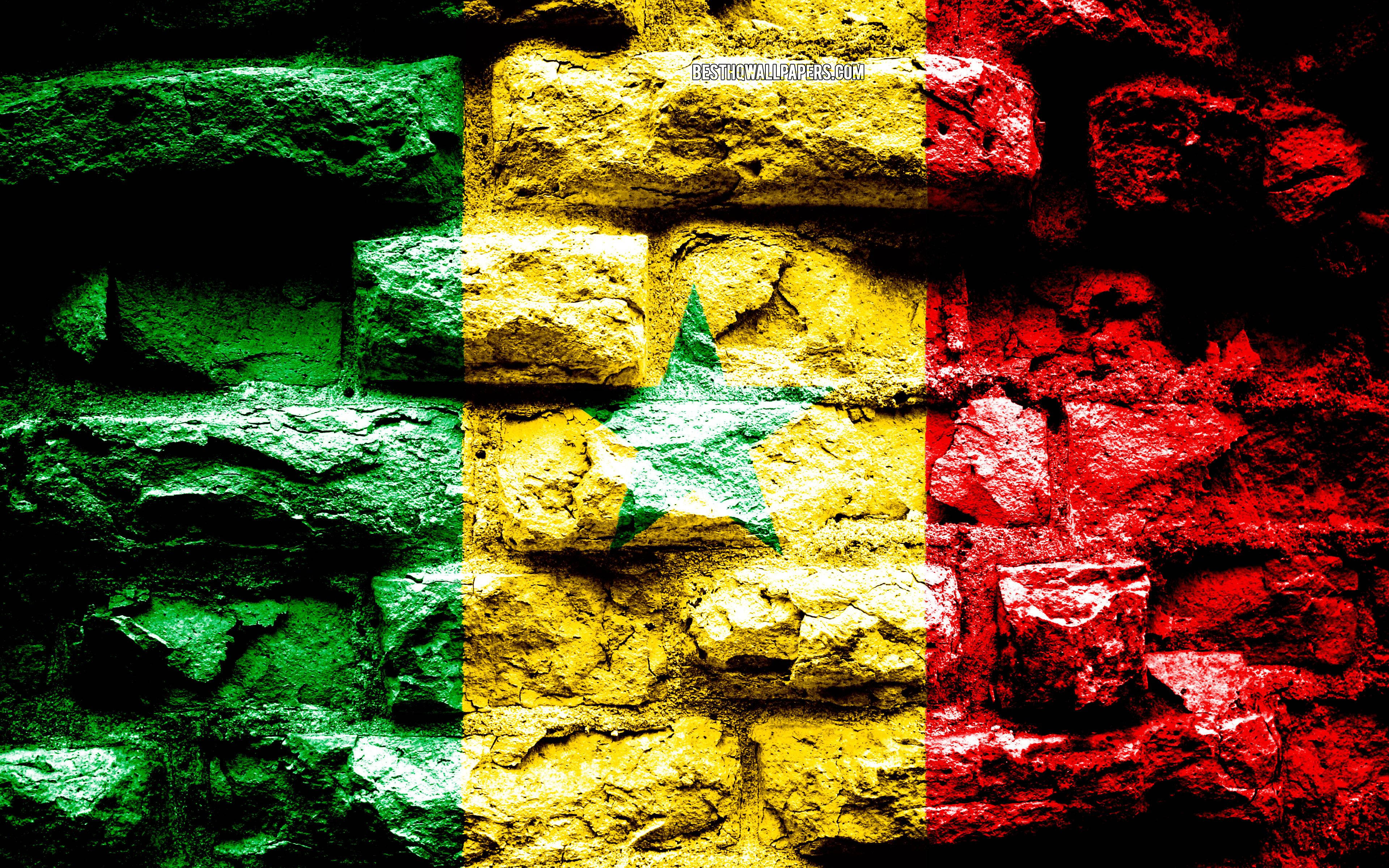 Senegal 桌布 壁紙 — 在粗糙紋理石牆上繪製的充滿活力的塞內加爾國旗，帶有醒目的綠色、黃色和紅色。