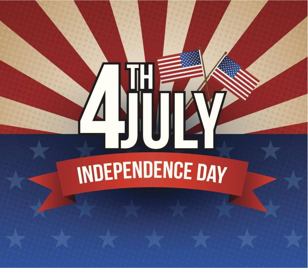 4th Of July 桌布 壁紙 — 在紅、白、藍放射背景上，帶有美國國旗和星星的大膽7月4日文字。