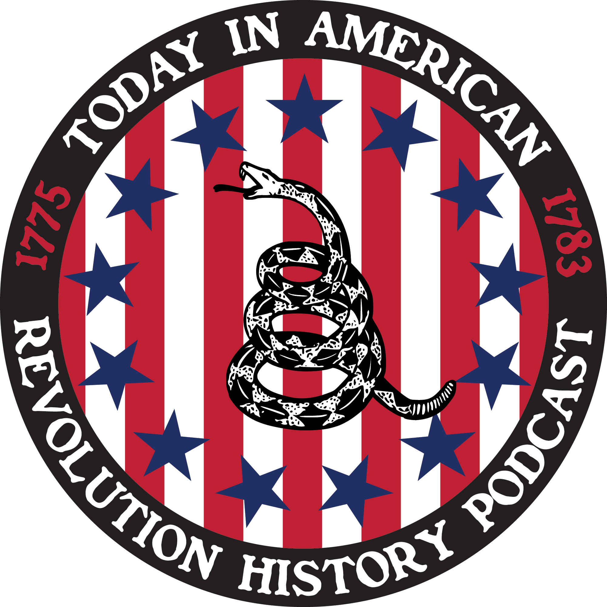 Emblem 桌布 壁紙 — 在紅白條紋背景上帶有藍色星星和文字 Revolution History Podcast 1775 1783 的盤繞響尾蛇標誌。