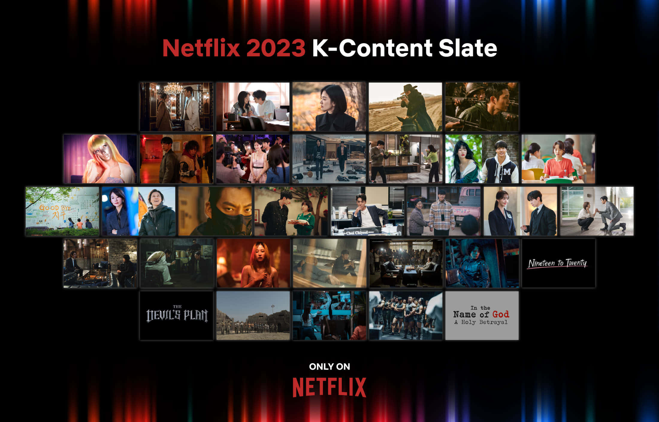 Netflix 桌布 壁紙 — 在紅色Netflix橫幅下，帶有發光垂直光條的韓國劇集縮圖網格。