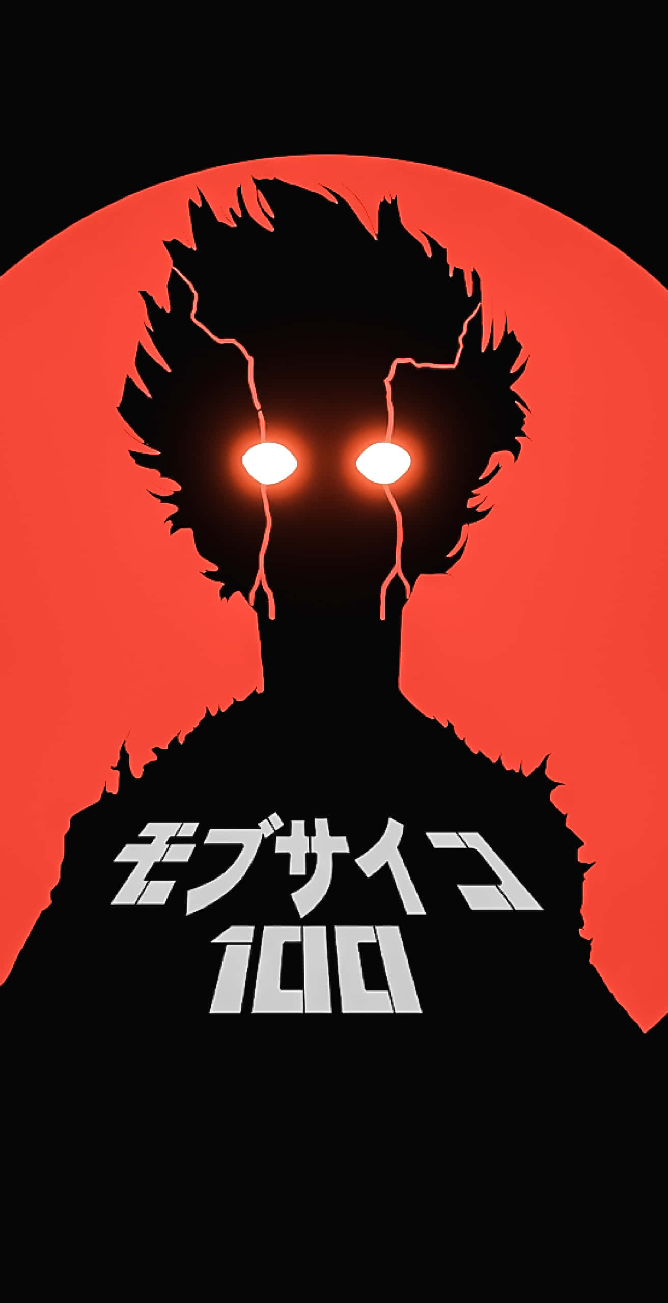 Anime Character 桌布 壁紙 — 在紅色圓形背景上，帶有日本文字的刺蝟頭髮人物剪影和發光的眼睛。