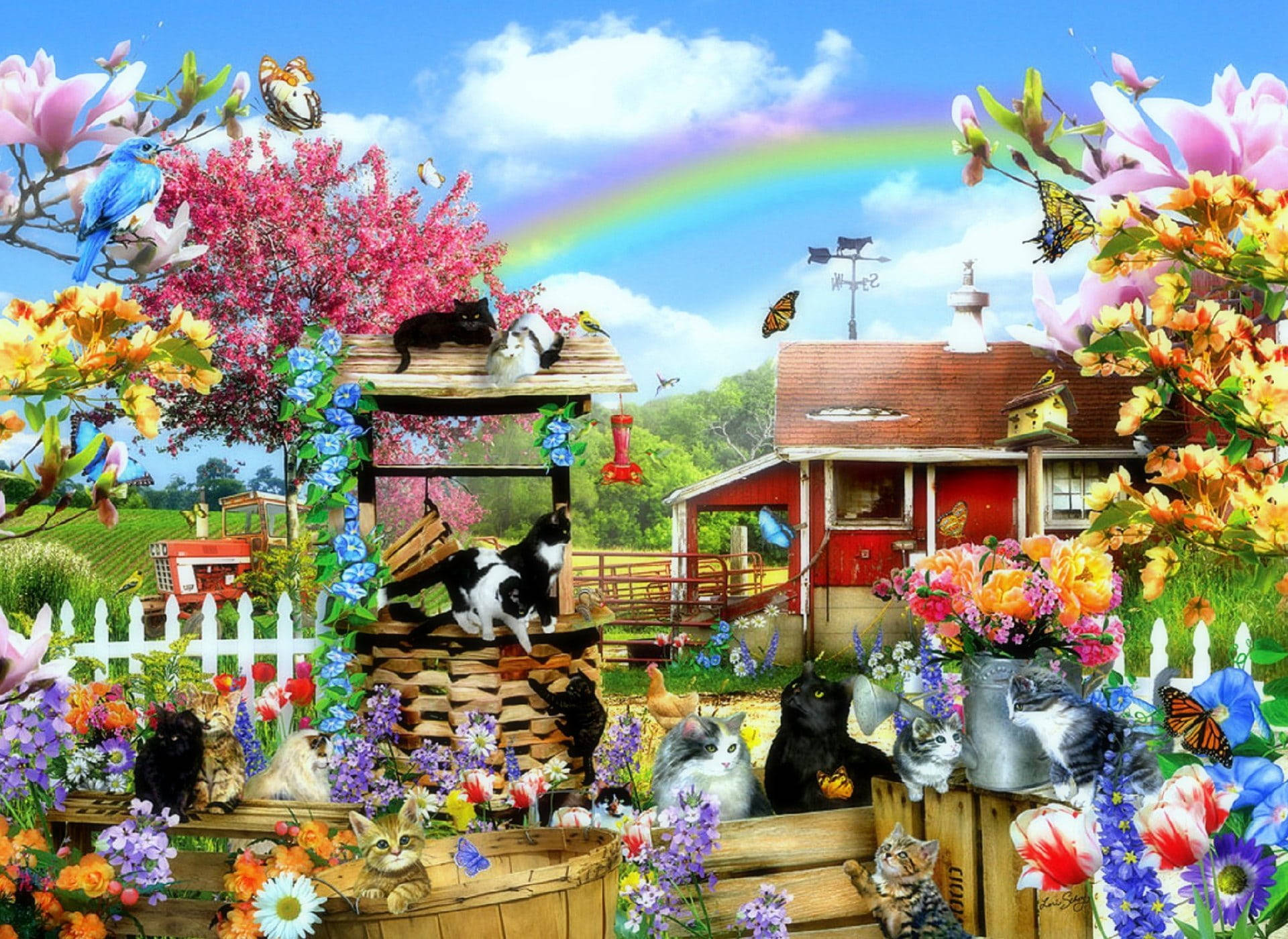 farm animals 桌布 壁紙 — 在紅色農舍附近的彩虹下，貓、鳥和蝴蝶組成的充滿活力的花園場景。