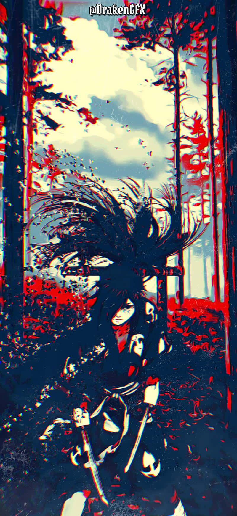 桌布 壁紙 — 在紅藍色調的森林中，一位黑髮動漫戰士手持劍，周圍落葉紛飛。