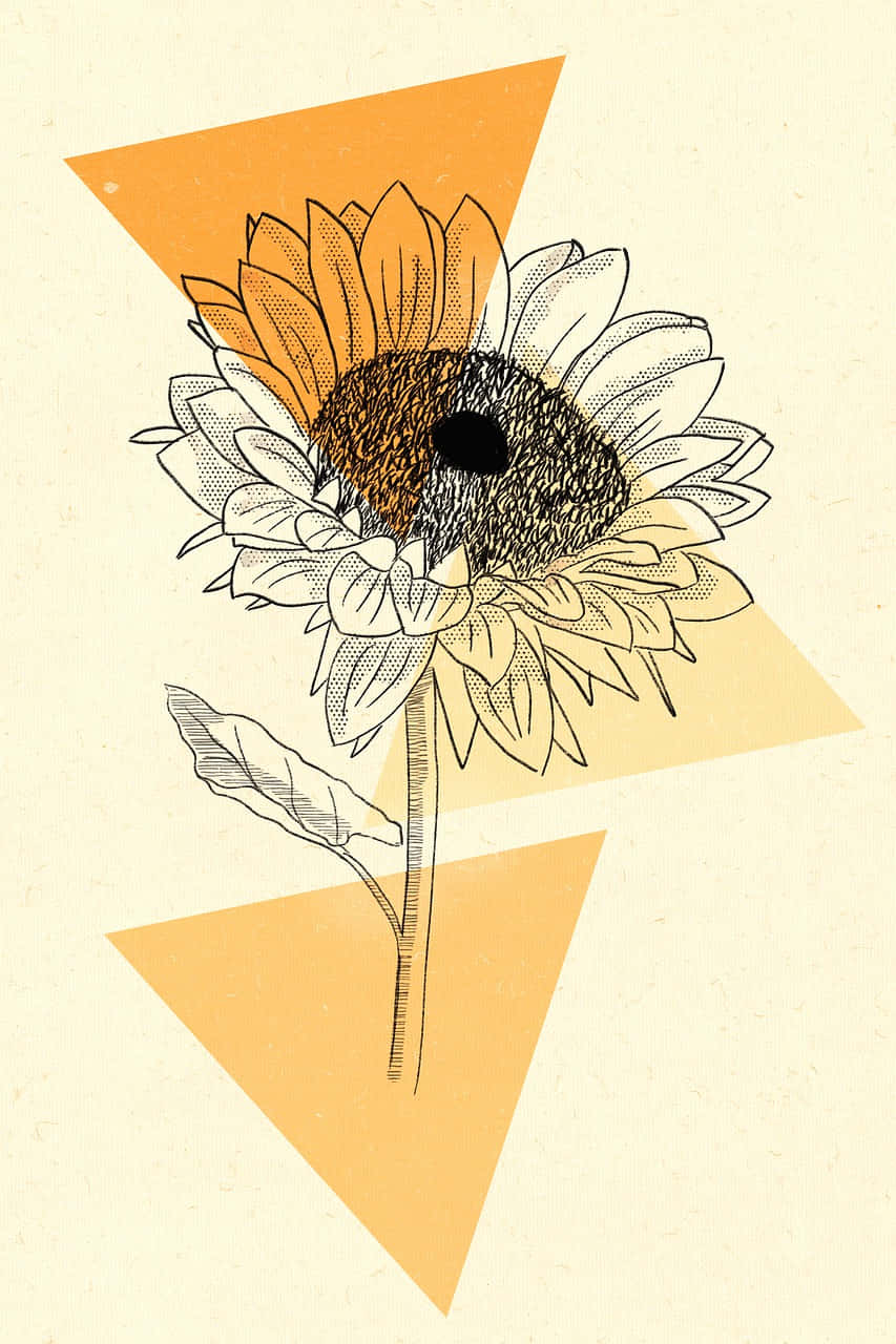 Aesthetic Sunflower 桌布 壁紙 — 在紋理奶油色背景上，帶有半色調陰影和幾何橙色三角形的風格化向日葵。