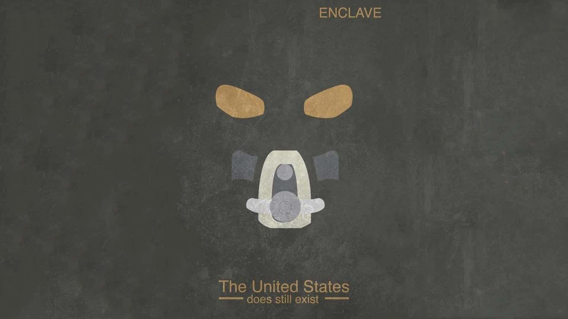 Fallout Enclave 桌布 壁紙 — 在紋理深灰色背景上，帶有金色眼睛的防毒面具的極簡圖形，文字顯示 enclave 和 the united states does still exist。