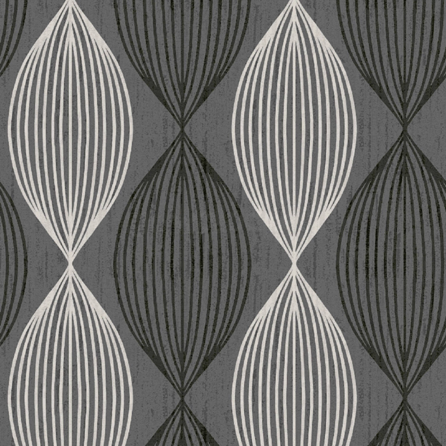 Interior Design 桌布 壁紙 — 在紋理深灰色背景上重複的風格化淚滴形狀圖案，帶有灰色和灰白色的垂直條紋。