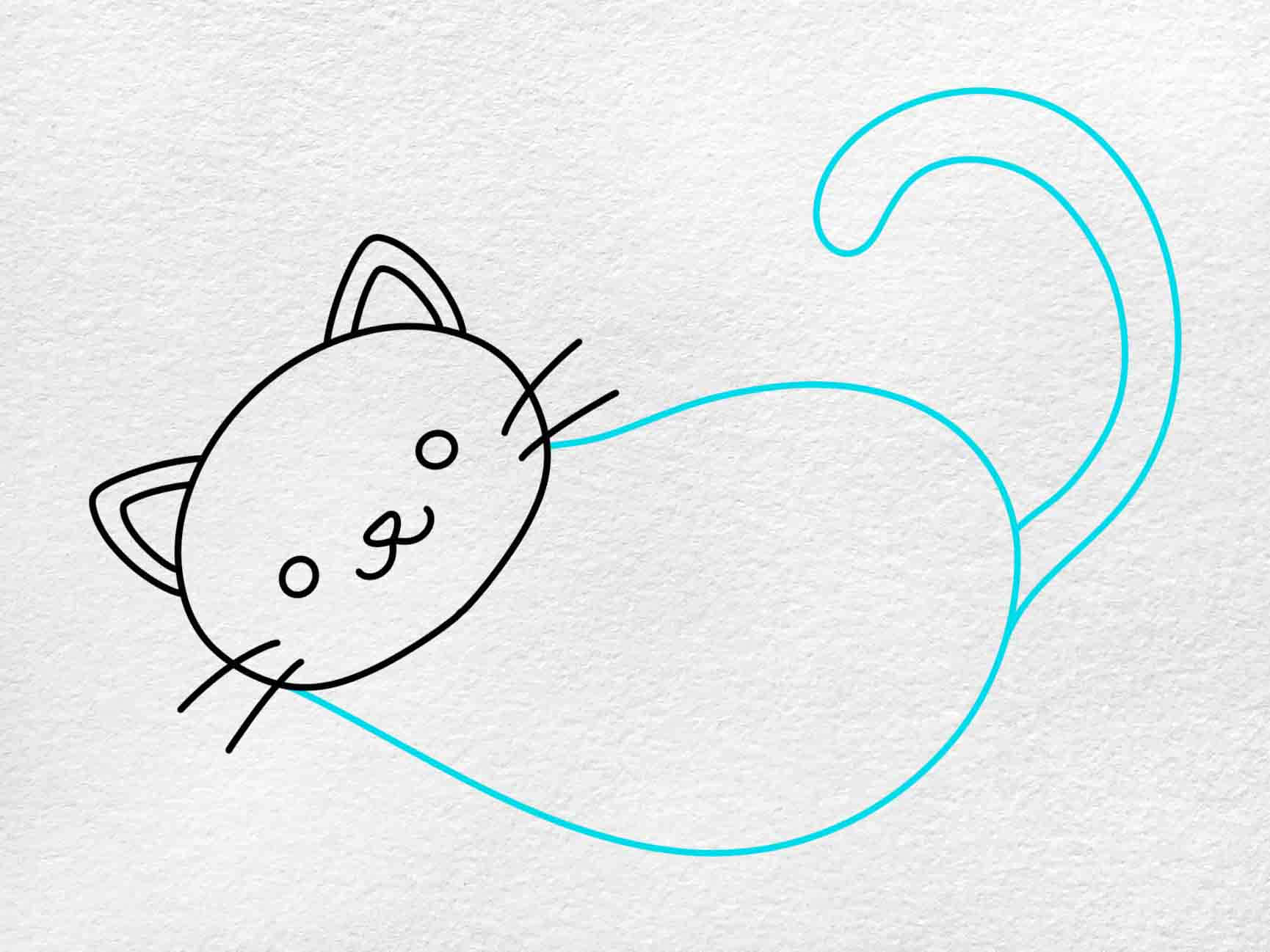 Cat Drawing 桌布 壁紙 — 在紋理白紙上，一隻可愛貓咪的極簡線條畫，尾巴呈綠松石色。
