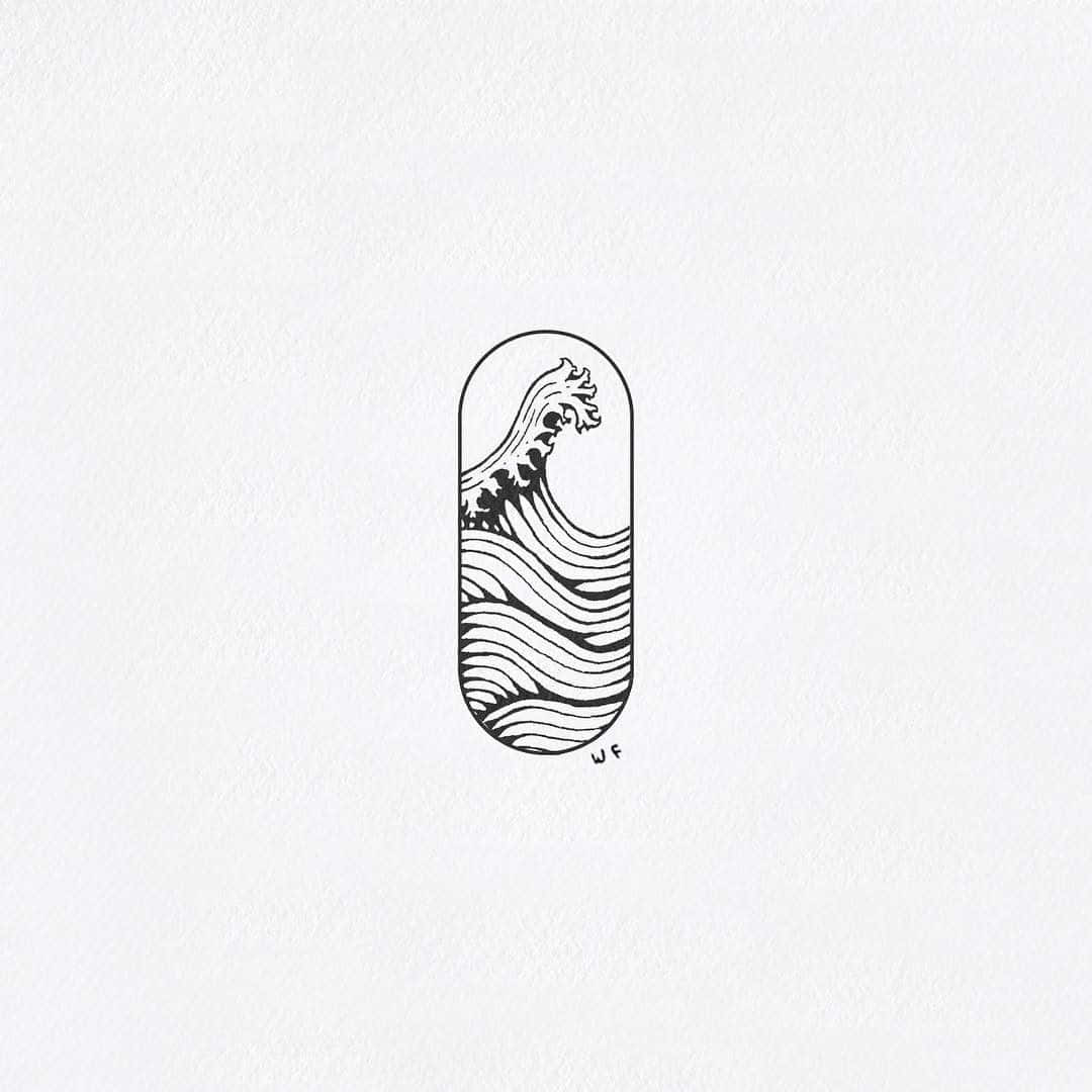 Minimalist Logo 桌布 壁紙 — 在紋理白紙上橢圓形框架內風格化波浪的極簡黑色線條畫。