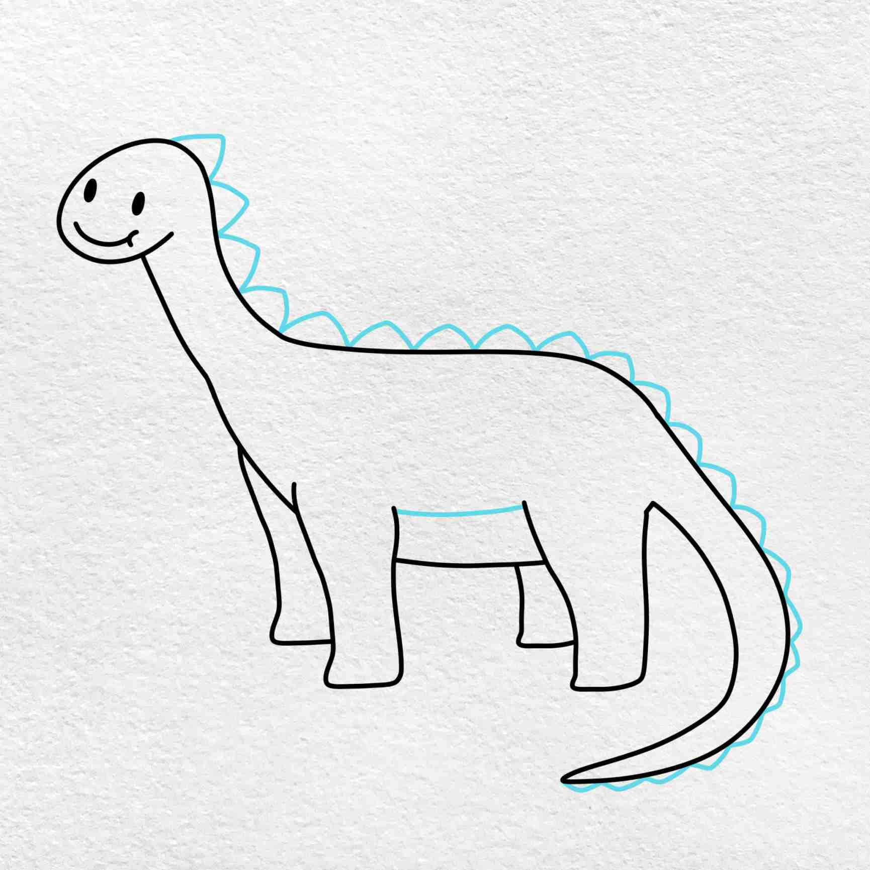 Dinosaur Drawing 桌布 壁紙 — 在紋理白紙上繪製的簡單線條畫，描繪一隻微笑的恐龍，帶有淺藍色脊刺。