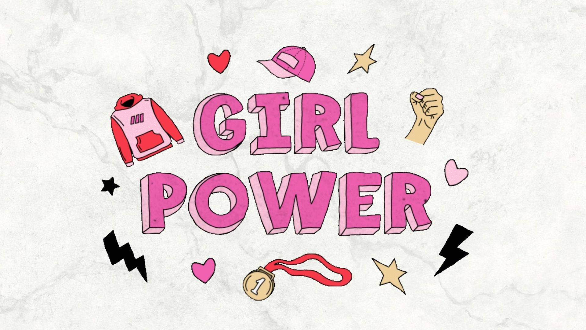 White Marble 桌布 壁紙 — 在紋理白色背景上，大膽的粉紅色「GIRL POWER」文字被拳頭、獎牌、帽子、心形等圖標環繞。