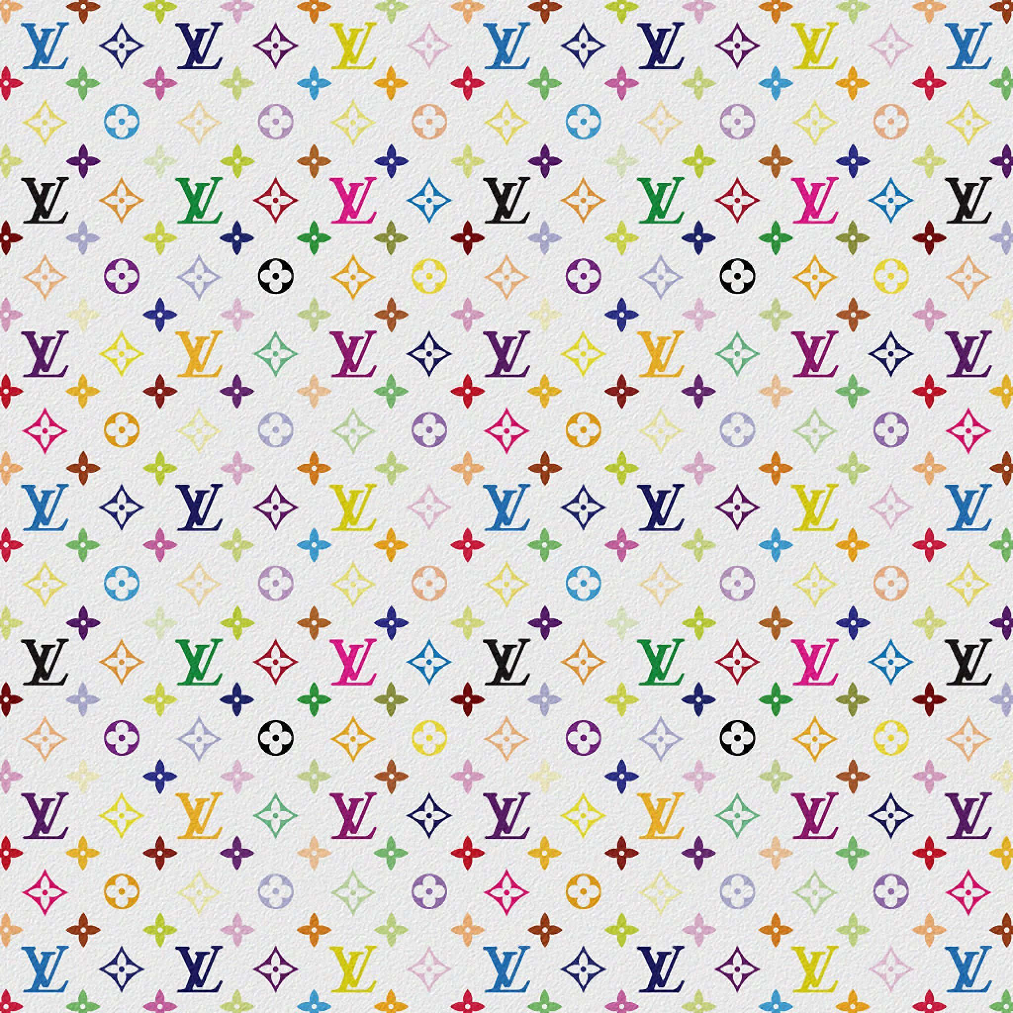桌布 壁紙 — 在紋理白色背景上，色彩繽紛的Louis Vuitton字母組合標誌重複圖案。