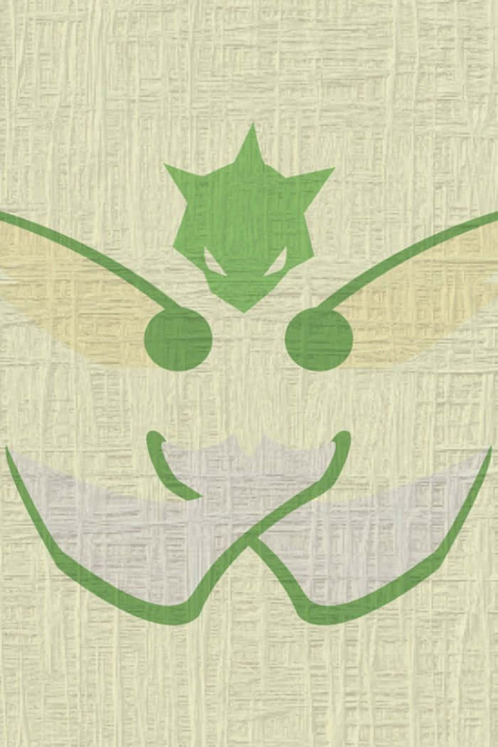 Scyther 桌布 壁紙 — 在紋理米色背景上，一個風格化的綠色寶可夢標誌，帶有銳利的眼睛和彎曲的翅膀。