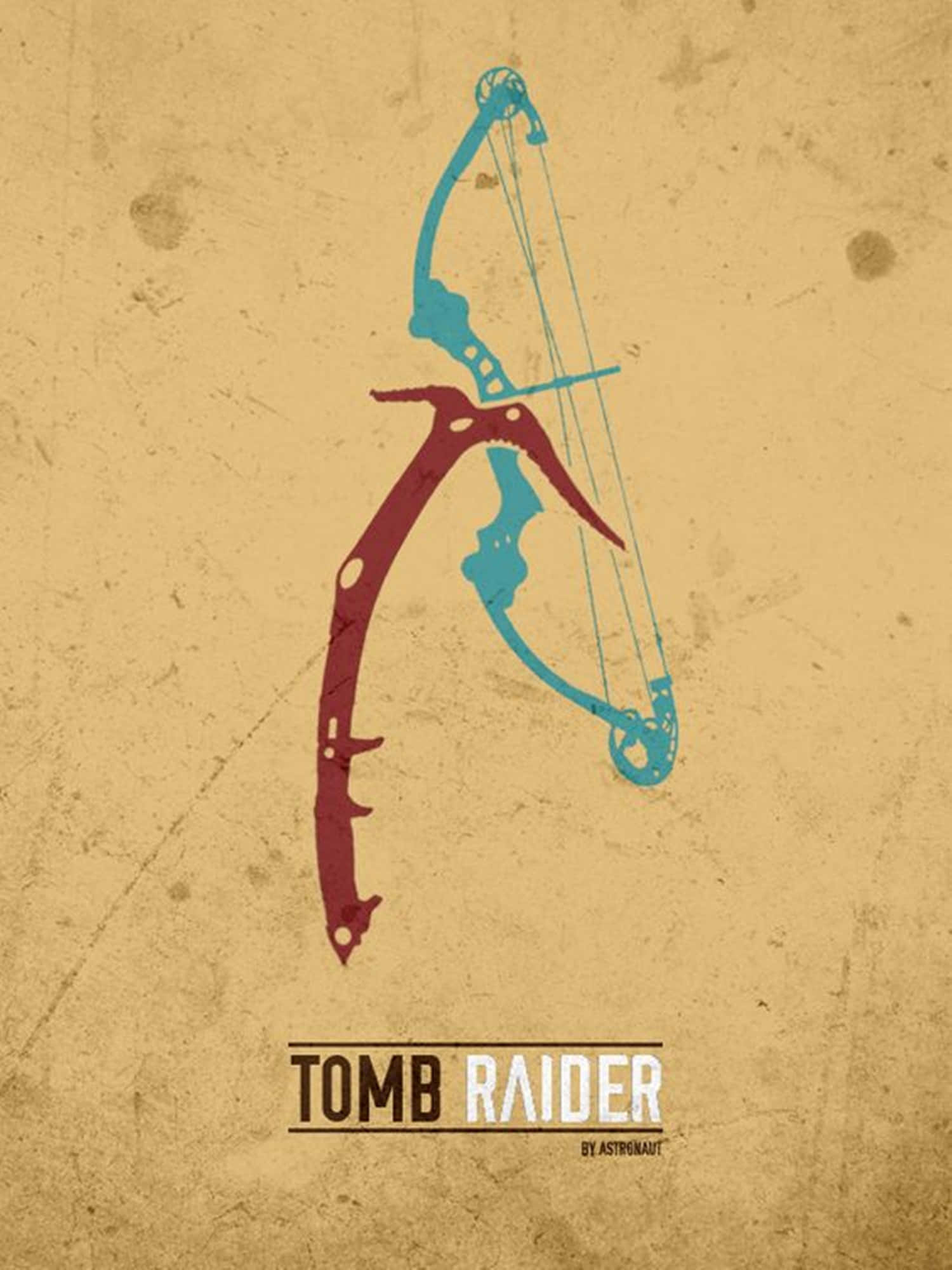 桌布 壁紙 — 在紋理米色背景上，帶有Tomb Raider文字的藍綠色和栗色風格化弓箭圖形。