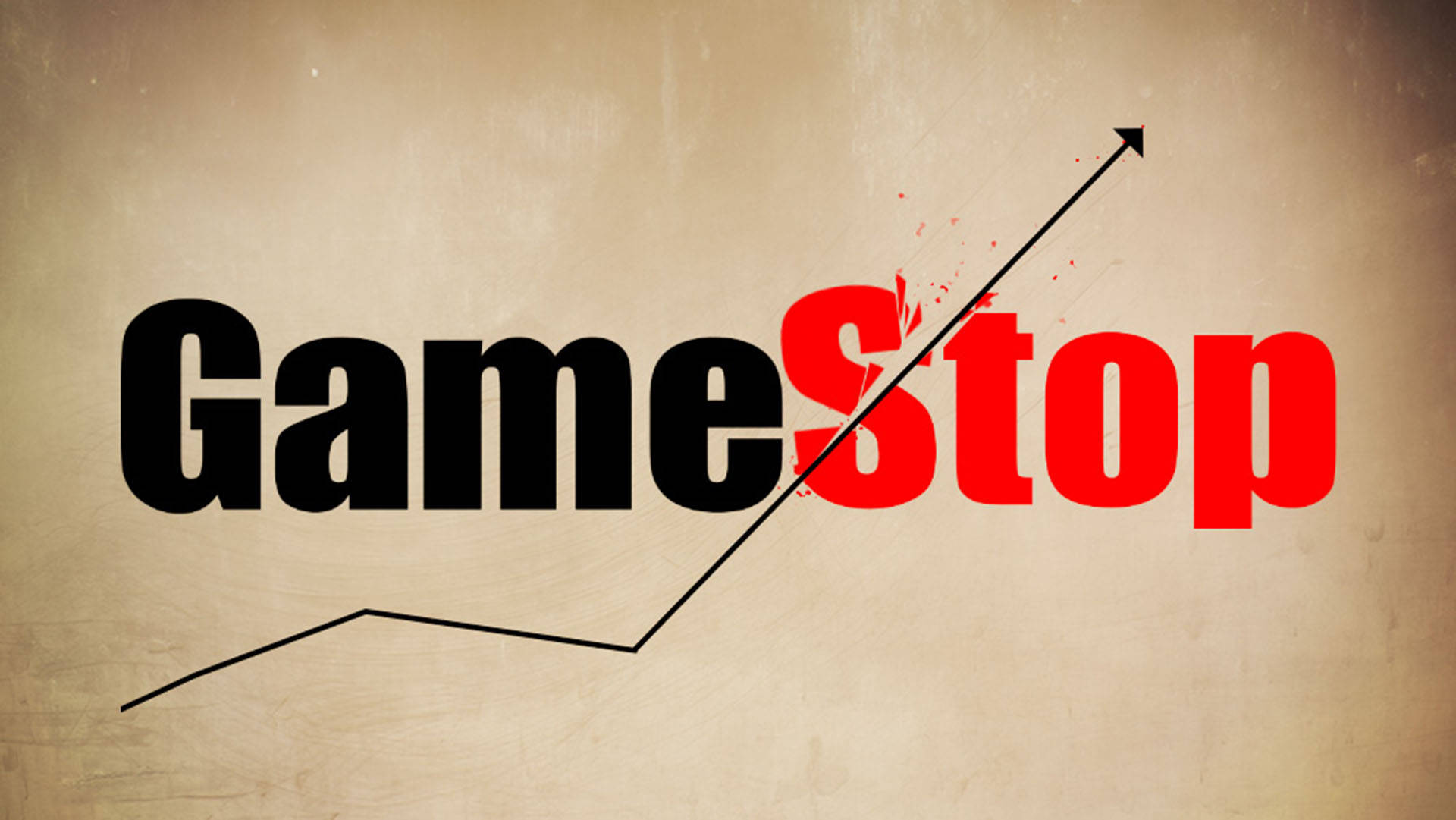 GameStop 桌布 壁紙 — 在紋理米色背景上，由上升箭頭分隔的粗體黑色和紅色GameStop文字。