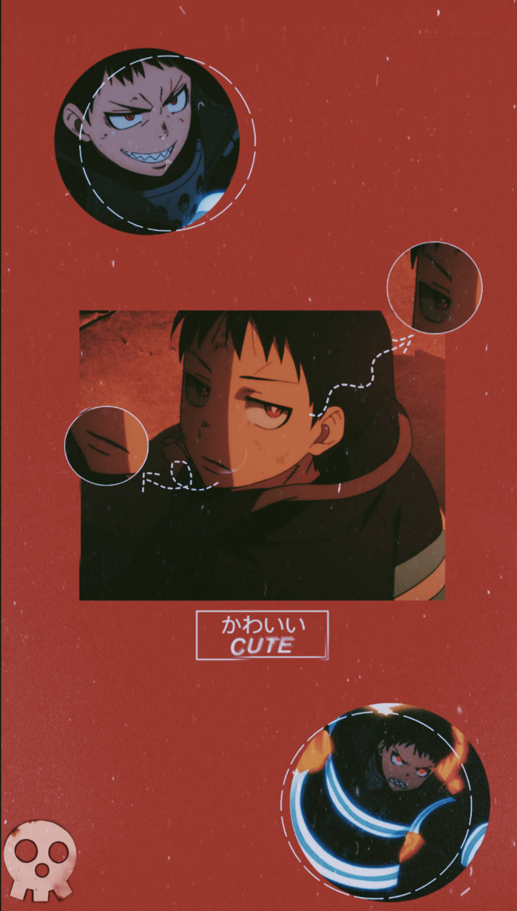 Aesthetic Anime Pfp 桌布 壁紙 — 在紋理紅背景上，由圓形插圖框住的動漫角色，擁有銳利的眼神和冷笑。