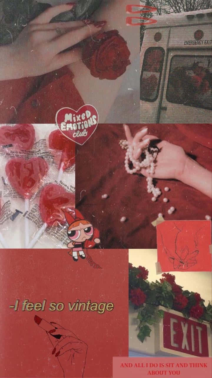 80s Aesthetic 桌布 壁紙 — 在紋理紅背景上的復古拼貼畫，包含紅玫瑰、棒棒糖、手和卡通人物。