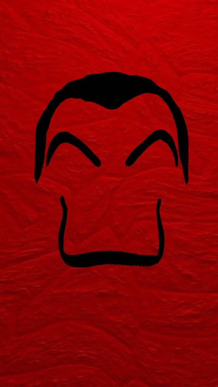 Money Heist Mask 桌布 壁紙 — 在紋理紅色背景上，一個風格化面孔的極簡黑色線條畫，帶有拱形眉毛和鬍子。