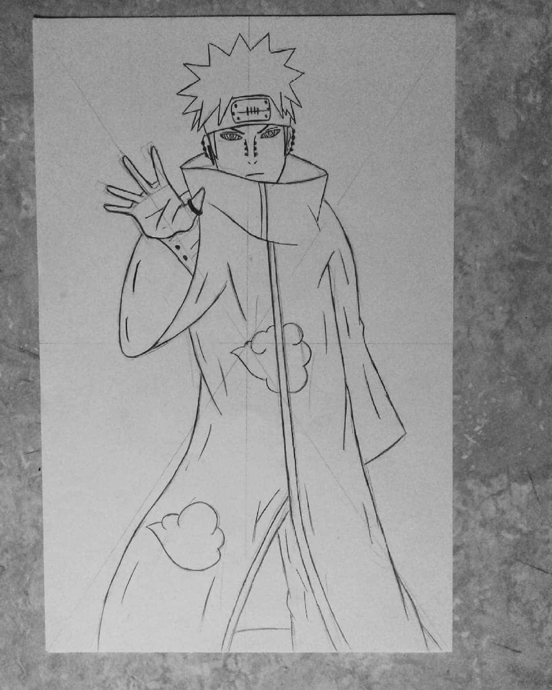 Akatsuki Drawing 桌布 壁紙 — 在紋理紙上，漩渦鳴人穿著火影斗篷結手印的鉛筆素描。