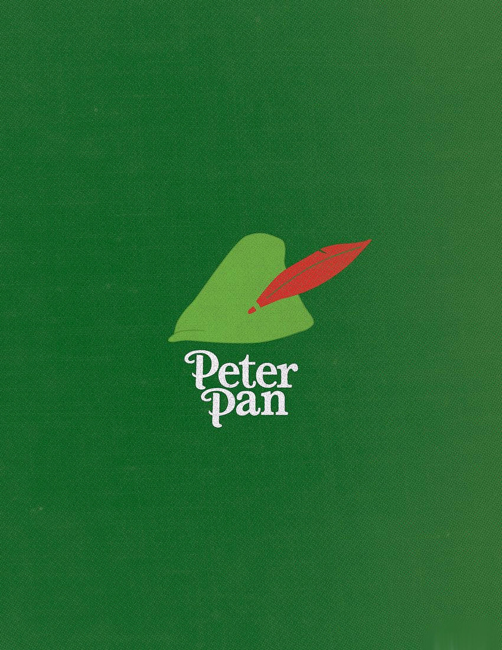 Peter Pan 桌布 壁紙 — 在紋理綠色背景上，彼得潘的綠色帽子搭配紅色羽毛的極簡標誌。