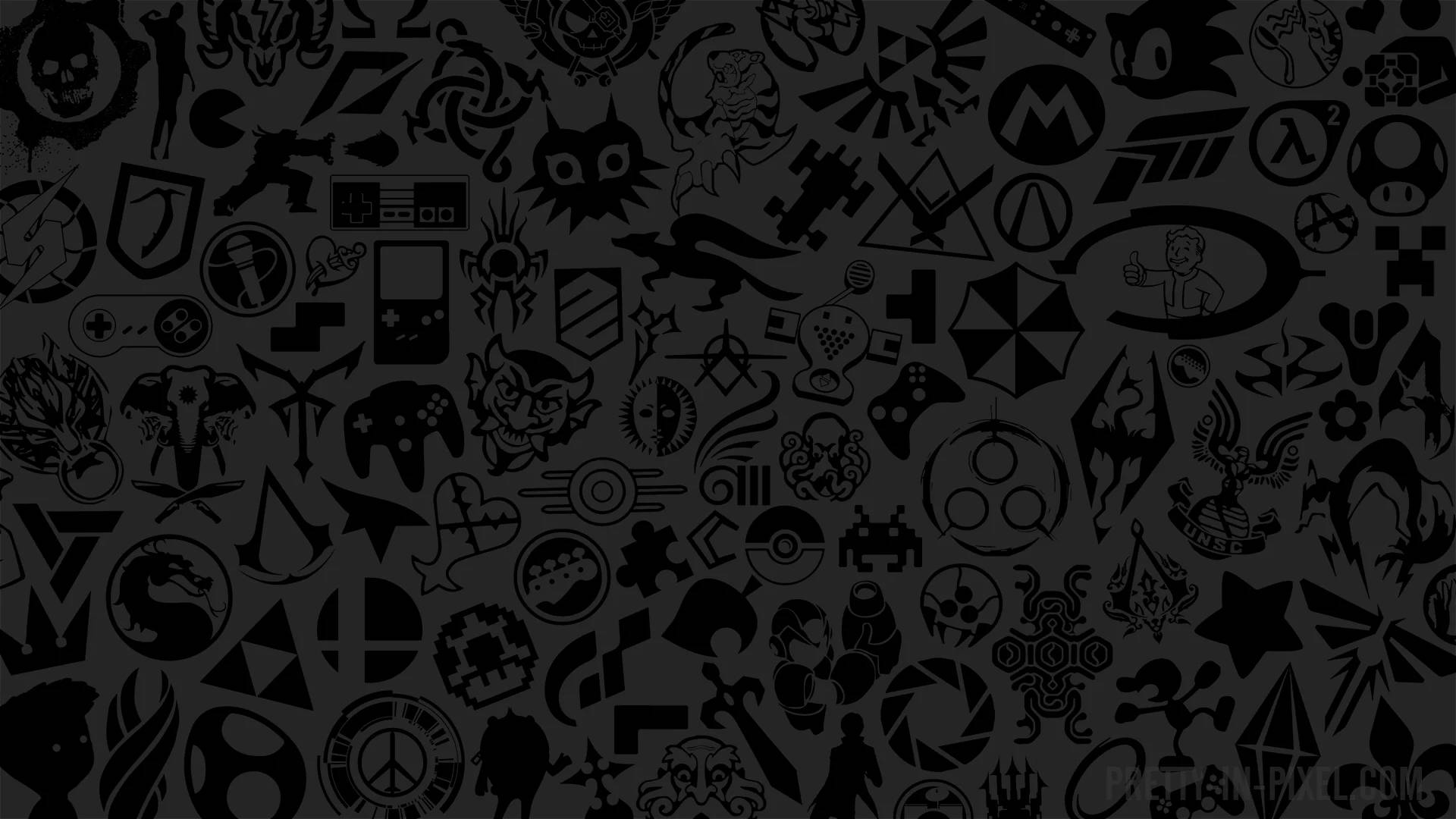 Wallpaper 以黑色和灰色的經典電子遊戲標誌和符號收藏為特色。