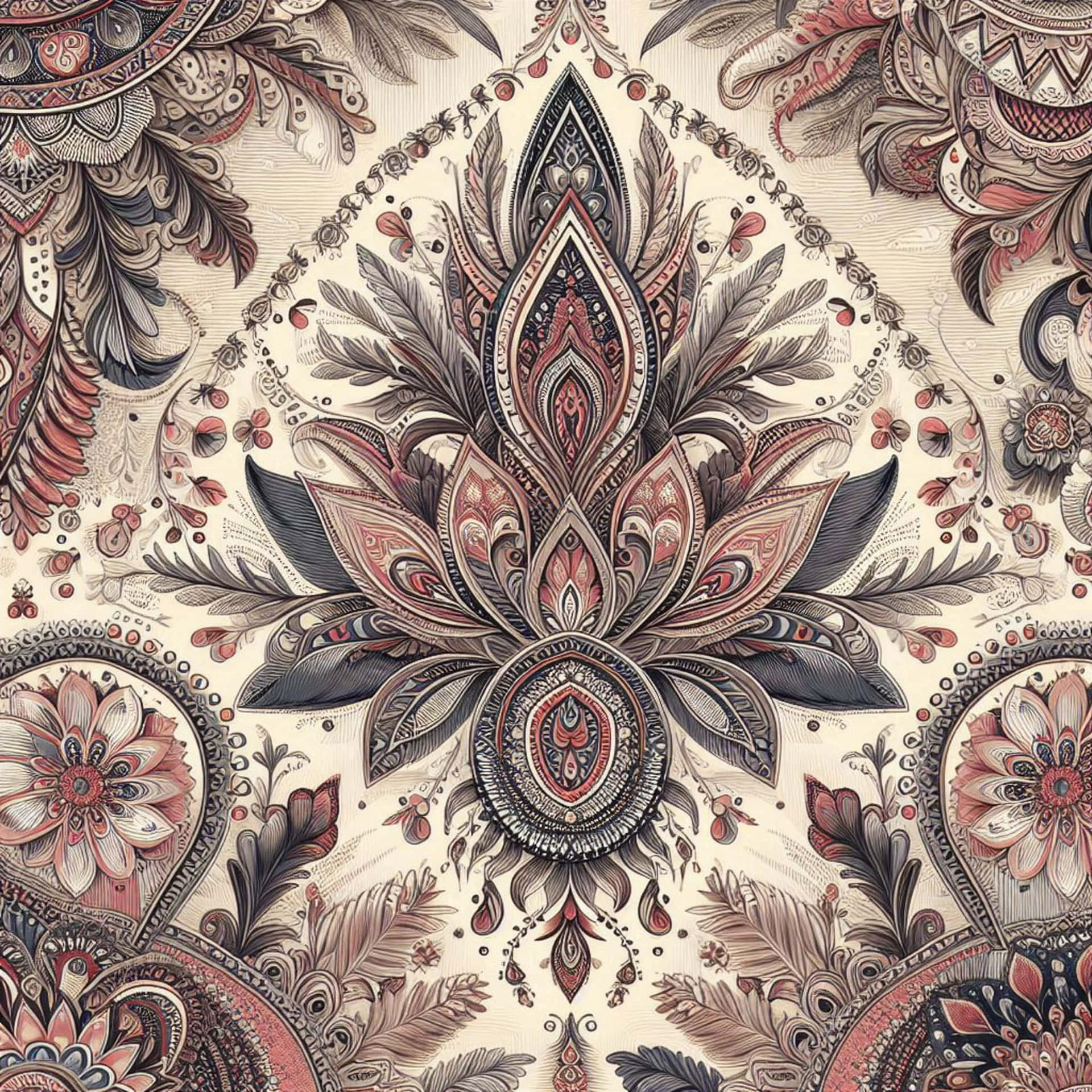 seamless pattern with floral ornament 壁紙 — 在紋理背景上，帶有層疊花瓣和佩斯利圖案的複雜對稱花卉圖案，顏色為紅棕色和奶油色。