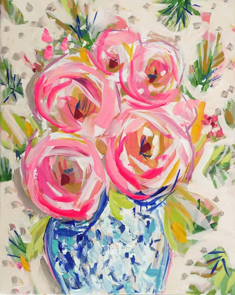 Rose Art 桌布 壁紙 — 在紋理背景上，藍色花瓶中的粉紅玫瑰和綠葉的鮮豔抽象油畫。