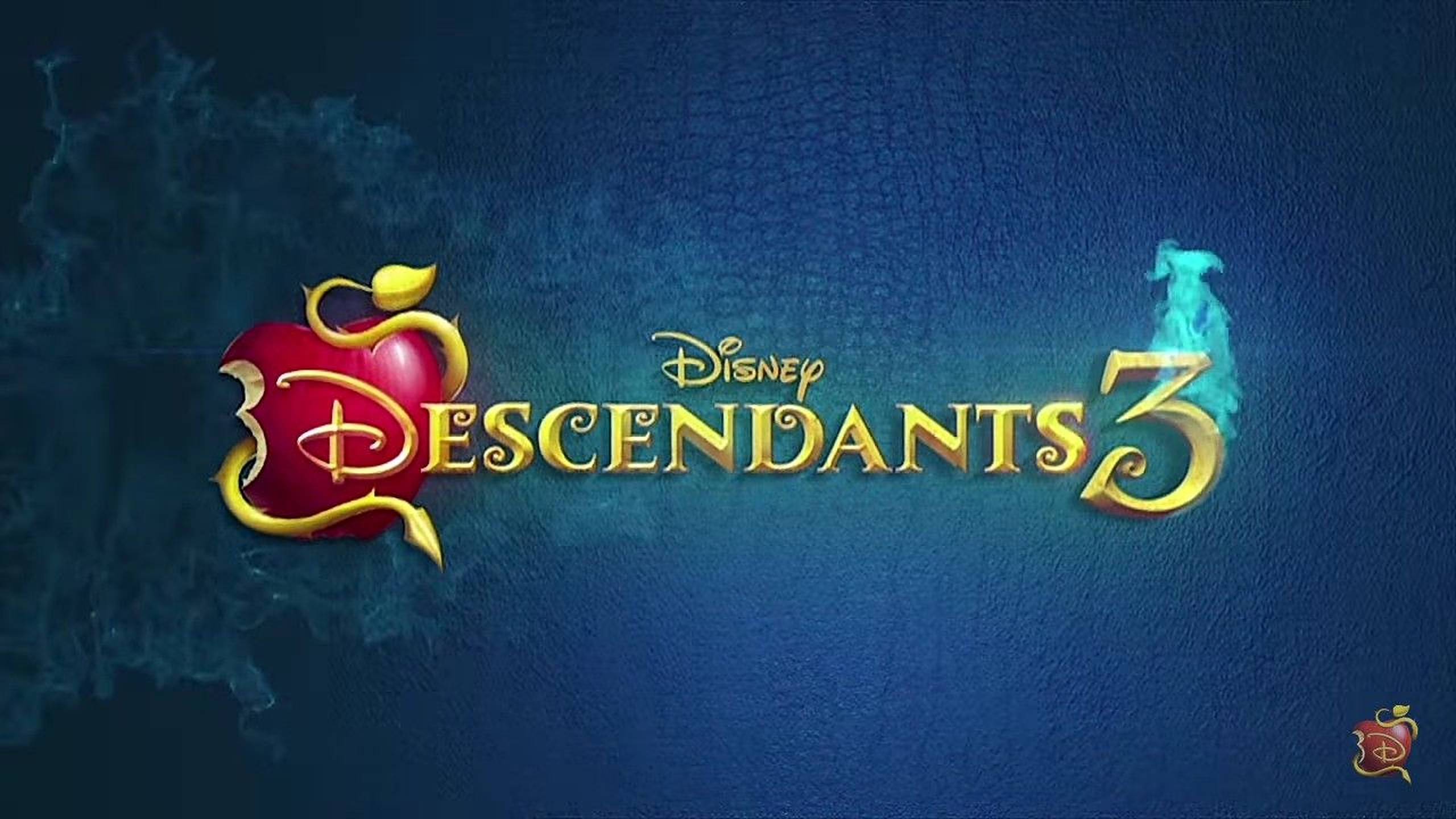 Descendants 桌布 壁紙 — 在紋理藍色背景上，帶有紅色蘋果和鬼影的光澤金色Disney Descendants 3標誌。