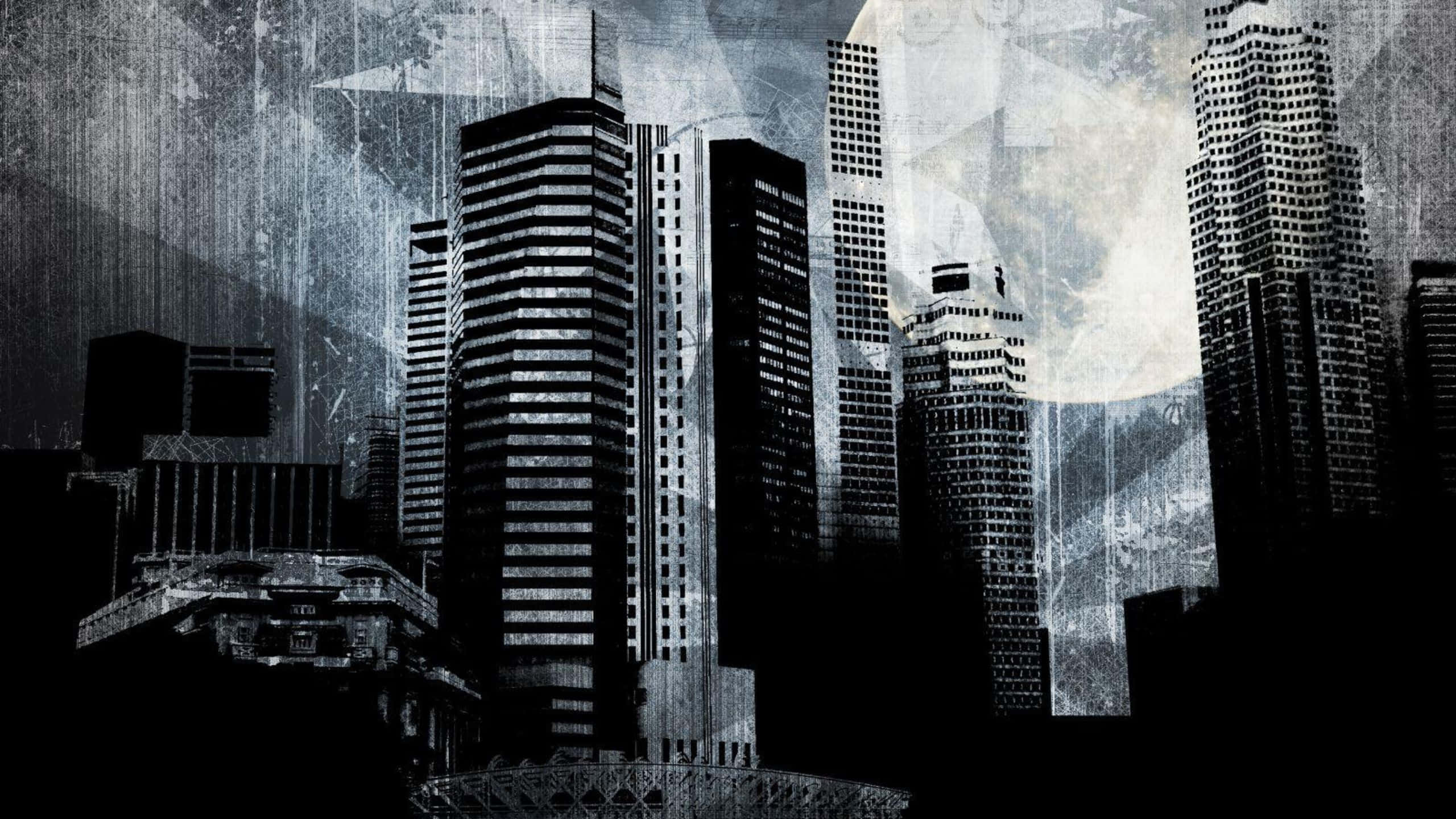 Urban 桌布 壁紙 — 在紋理豐富的月光天空下，帶有垃圾搖滾風格的單色城市景觀，高聳的摩天大樓。