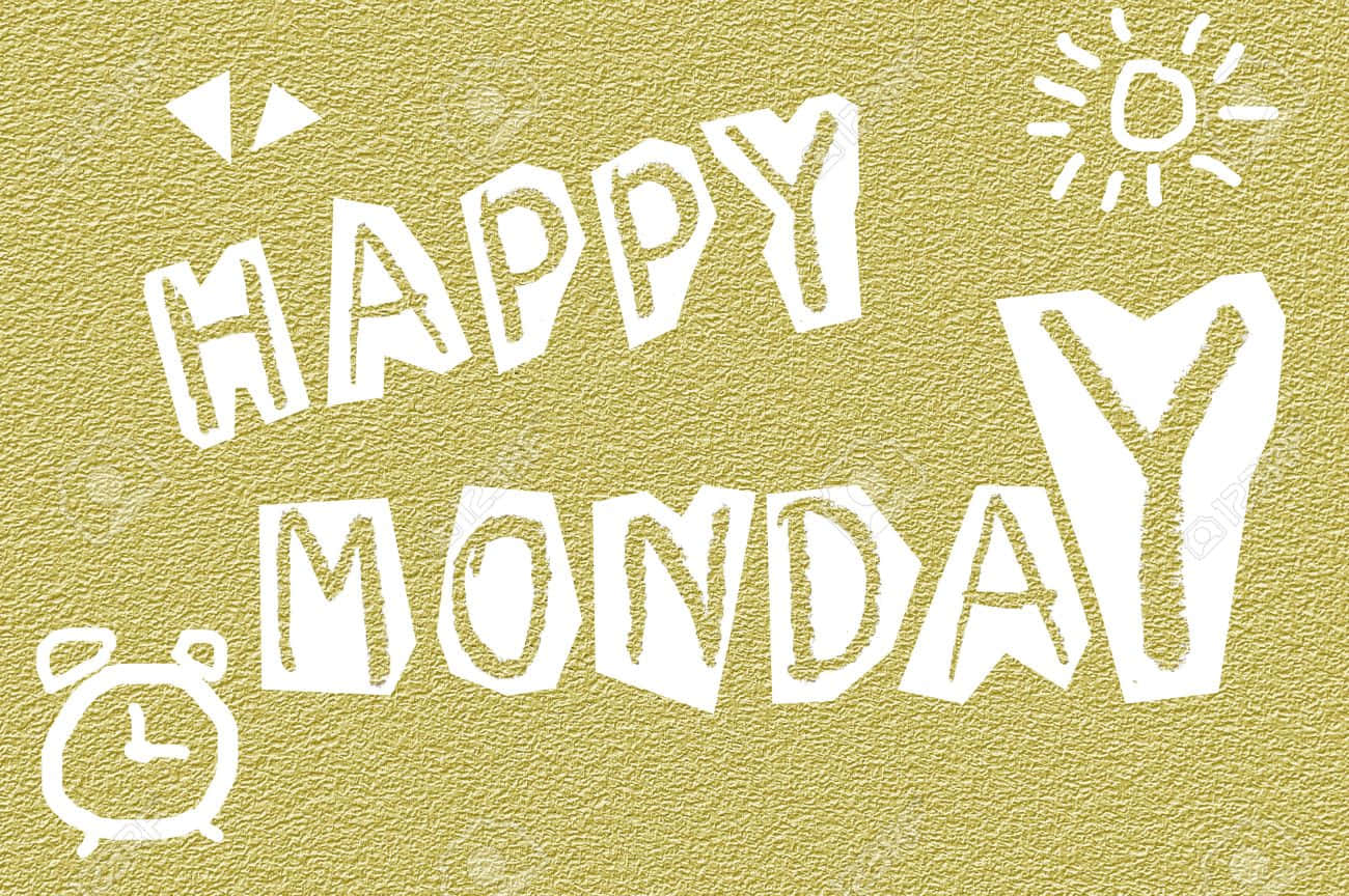 Monday 桌布 壁紙 — 在紋理金色背景上，白色粉筆風格的「HAPPY MONDAY」文字，附有太陽和鬧鐘塗鴉。